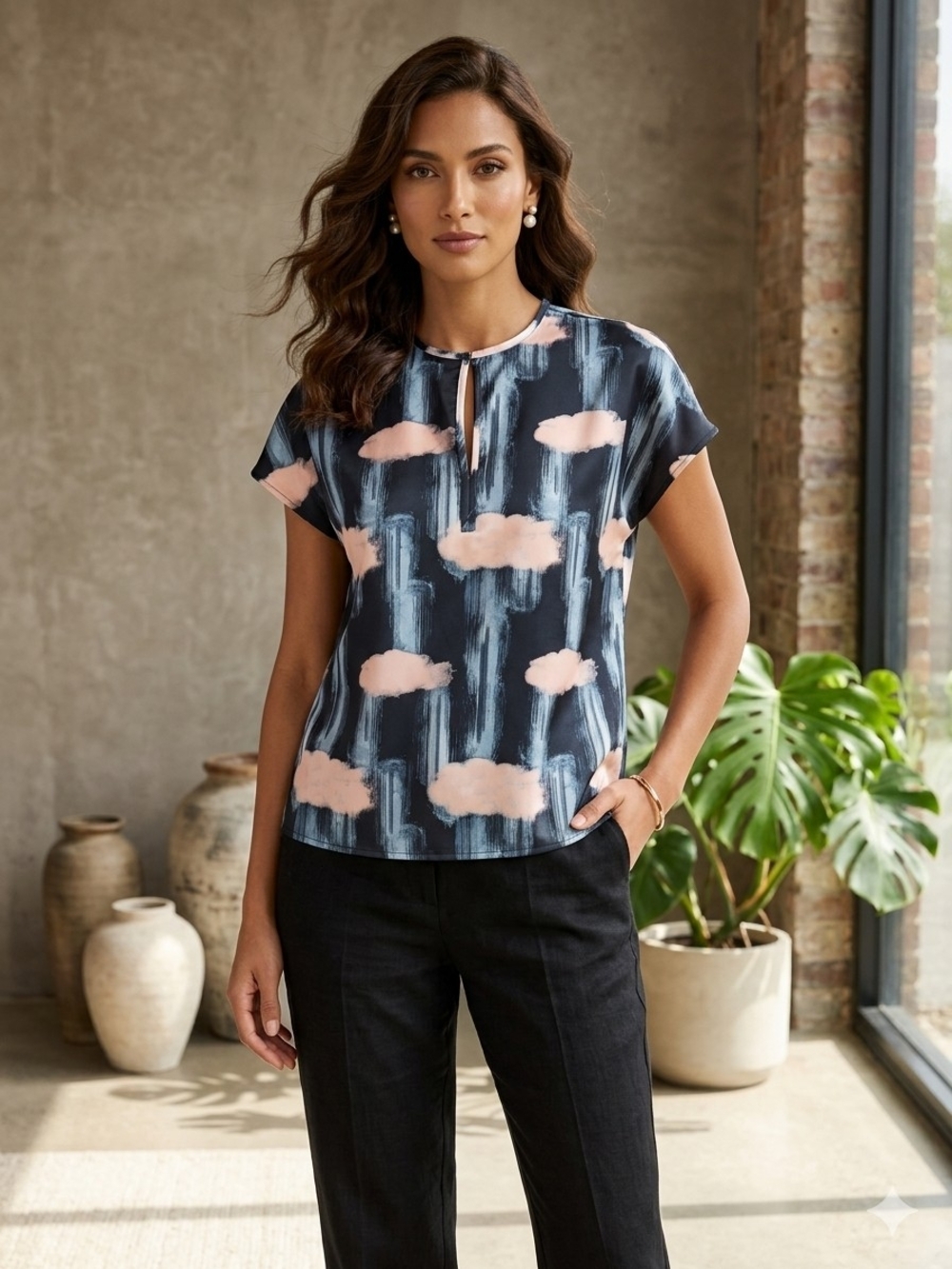 Simons Black  Blouse with Blush Cloud Print